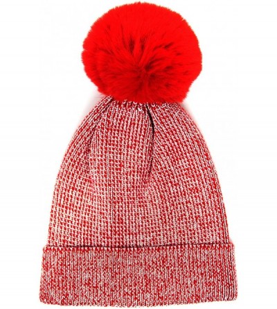 Skullies & Beanies Me Plus Women Fashion Fall Winter Soft Cable Knitted Faux Fur Pom Pom Beanie Hat - Shiny Metallic - Red - ...