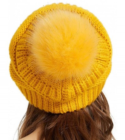Skullies & Beanies Womens Winter Knit Slouchy Beanie Chunky Hats Bobble Hat Ski Cap with Faux Fur Pompom - Ginger - CL18YSWRA...