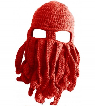 Skullies & Beanies Knit Beard Octopus Hat Mask Beanies Handmade Funny Party Caps with Wig Hair Winter - Octopus - Red ( Adult...
