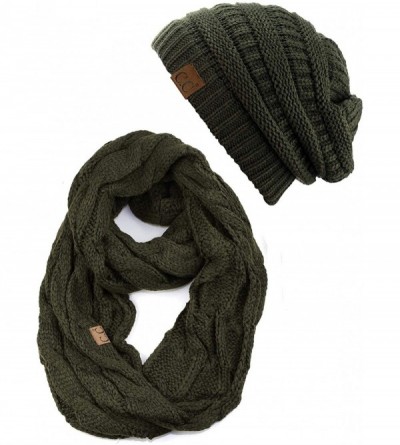 Skullies & Beanies Unisex Soft Stretch Chunky Cable Knit Beanie and Infinity Loop Scarf Set - Dark Olive - CU18KI9XLW0 $18.39