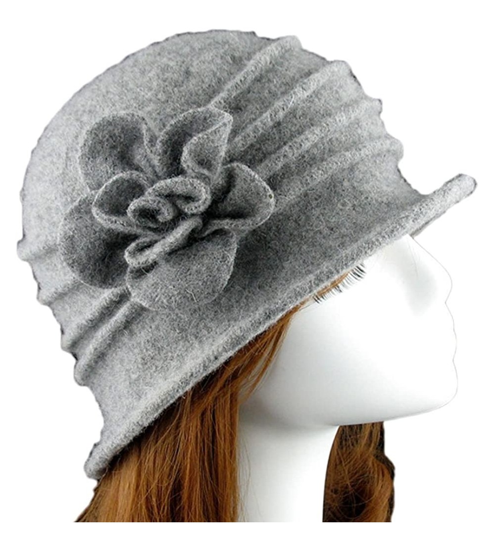 Berets Women 100% Wool Solid Color Round Top Cloche Beret Cap Flower Fedora Hat - 3 Light Grey - CO186WY26NW $15.47