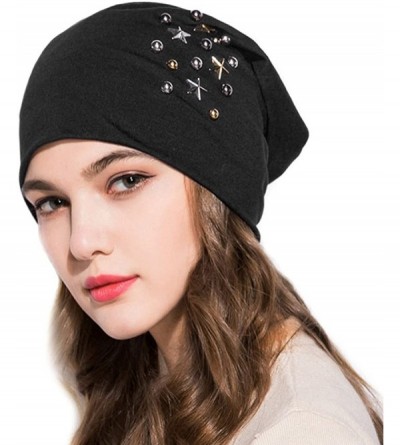 Skullies & Beanies Star Beanie Hat for Women- Pearl Bead Caps- New Spring Slouch Bonnet - Black - CR18DDI7YTD $17.48