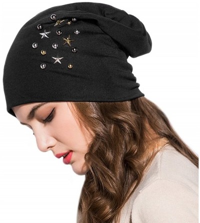 Skullies & Beanies Star Beanie Hat for Women- Pearl Bead Caps- New Spring Slouch Bonnet - Black - CR18DDI7YTD $17.48