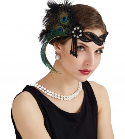 Headbands 1920s Flapper Vintage Peacock Feather Gatsby Beaded Tassel Headpiece - Green - CC18KCNOY9E $8.94