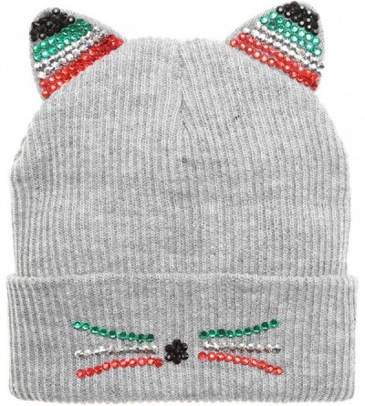 Skullies & Beanies Women's Soft Warm Embroidered Meow Cat Ears Knit Beanie Hat with Stone Embellished - Multi Color Stone Gre...