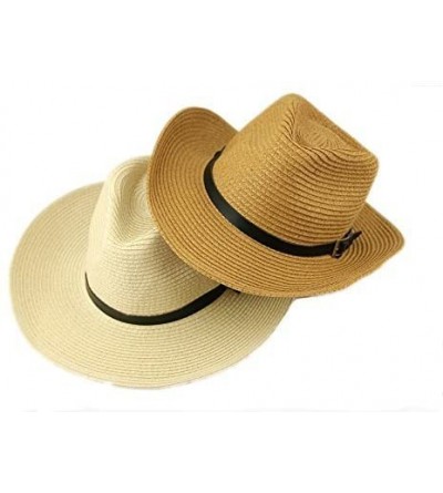 Cowboy Hats Straw Cowboy Hat- Men Women Summer Beach Panama Sun Hats Wide Brim Fedora UPF50+ - Beige - CQ182ZA8UMI $14.81