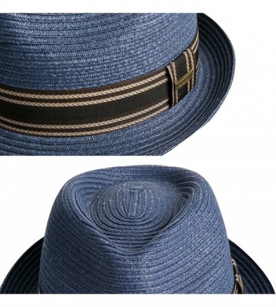 Fedoras Unisex Fedora Straw Sun Hat Paper Summer Short Brim Beach Jazz Cap - Dark Blue - C218064O5SX $45.84