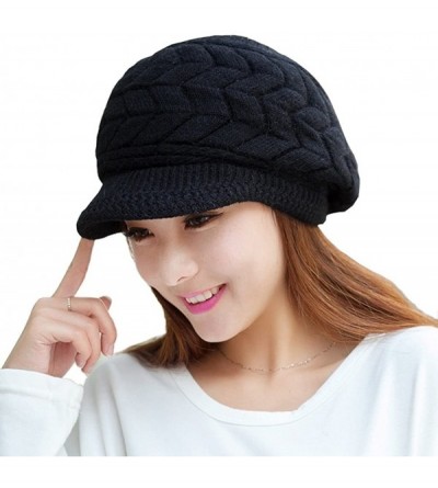 Skullies & Beanies Women Winter Warm Knit Hat Wool Snow Ski Caps with Visor - Black - CF11OUQ1PG5 $11.43