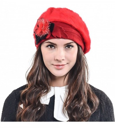 Bucket Hats Women's Elegant Flower Wool Cloche Bucket Ridgy Bowler Hat 09-co20 - Angora Beret-red - CE1205ED5TP $27.33