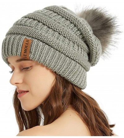 Skullies & Beanies Womens Winter Knit Slouchy Beanie Chunky Hats Bobble Hat Ski Cap with Faux Fur Pompom - Light Grey - CI18I...