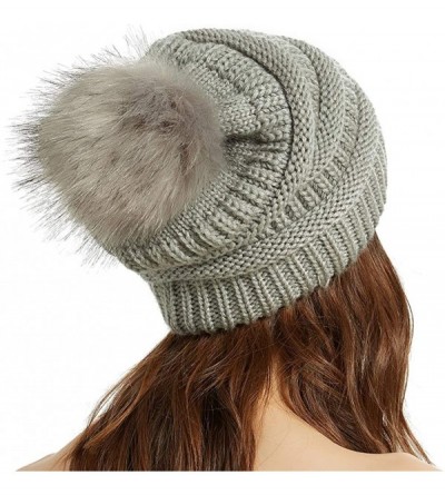 Skullies & Beanies Womens Winter Knit Slouchy Beanie Chunky Hats Bobble Hat Ski Cap with Faux Fur Pompom - Light Grey - CI18I...