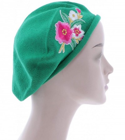 Berets 100% Cotton Beret French Ladies Hat with Pink Flower Bouquet - Green - C518R87DWTZ $24.08