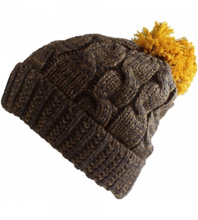 Berets Multi Color Pom Pom Crochet Thick Knit Slouchy Beanie Beret Winter Ski Hat - Brown/Mustard - CL126YMVVGB $10.11