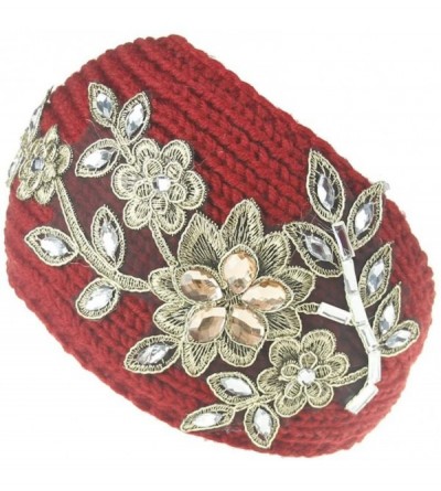 Cold Weather Headbands Women Winter Rhinestone Flower Crochet Headband Knit Hair Band Ear Warmer Turban Headwrap Red - Red - ...