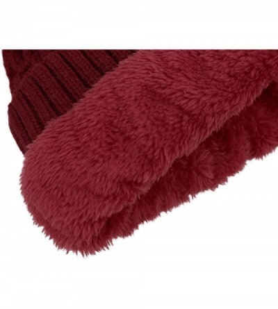 Skullies & Beanies Men & Women's Luxurious Faux Fur Pompom Thick Cable Cap Knit Skull Ski Cap Winter Beanie Hat - Burgundy - ...