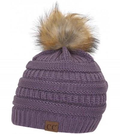 Skullies & Beanies Cable Knit Faux Fur Pom Pom Beanie Hat - Violet - C412O1RVSP2 $28.53