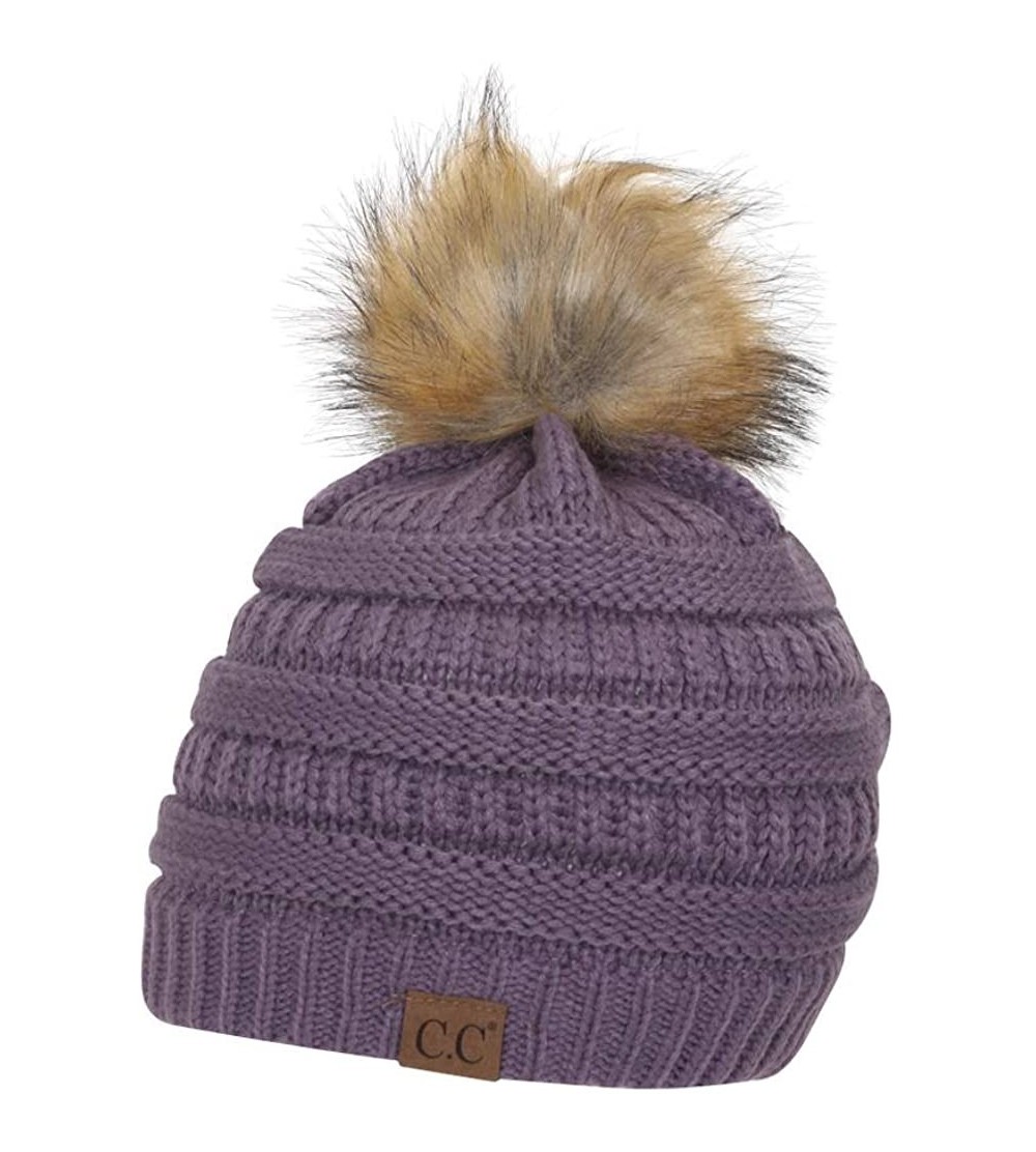 Skullies & Beanies Cable Knit Faux Fur Pom Pom Beanie Hat - Violet - C412O1RVSP2 $12.48