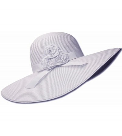 Sun Hats Womens UPF 50+ 100% Paper Straw Ribbon Flower Accent Wide Brim Floppy Hat - White - CH1190EY9JH $29.82