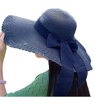 Sun Hats Women's Summer Folable Floppy Straw Hat Big Bowknot Wide Brim Beach Sun Hat - Navy Blue - C3183YDGMX8 $11.57