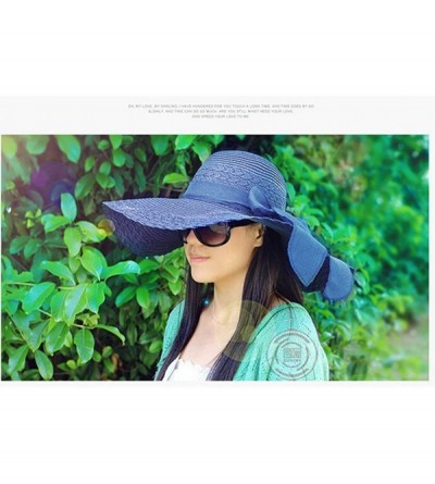 Sun Hats Women's Summer Folable Floppy Straw Hat Big Bowknot Wide Brim Beach Sun Hat - Navy Blue - C3183YDGMX8 $11.57