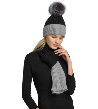 Skullies & Beanies Women's Girls Slouchy Beanie Hat with Fur Pompom Warm Winter Hat - Womens Black Gray Set-gray Fur - CM18KS...