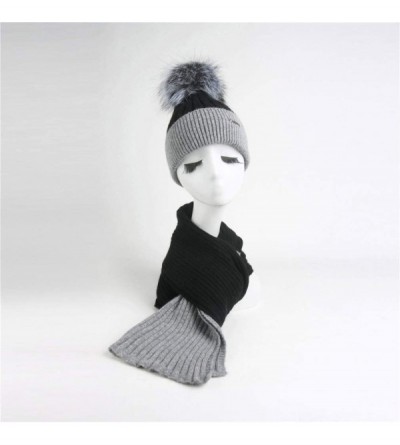 Skullies & Beanies Women's Girls Slouchy Beanie Hat with Fur Pompom Warm Winter Hat - Womens Black Gray Set-gray Fur - CM18KS...