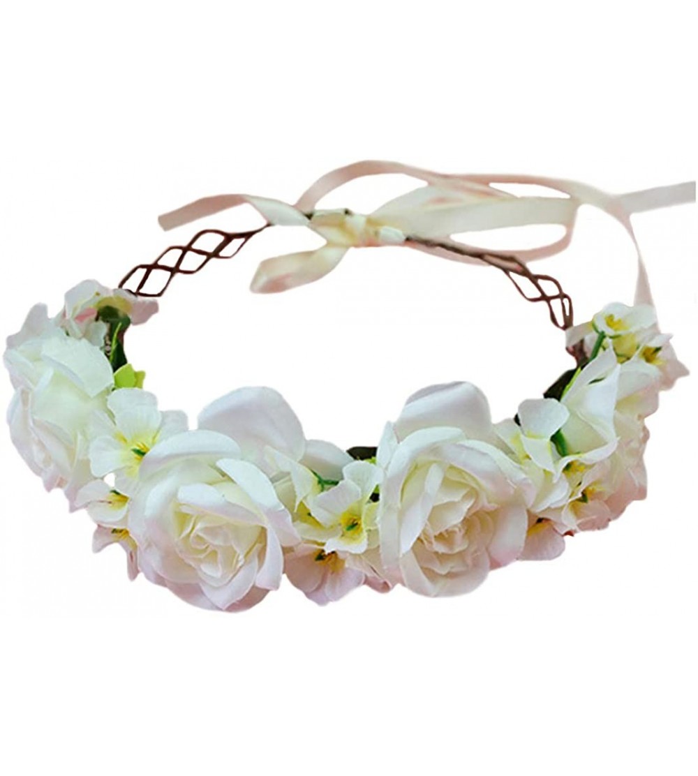 Headbands Adjustable Flower Headband Floral Garland Crown Halo Headpiece Boho with Ribbon Wedding Festival Party - F - CO125P...