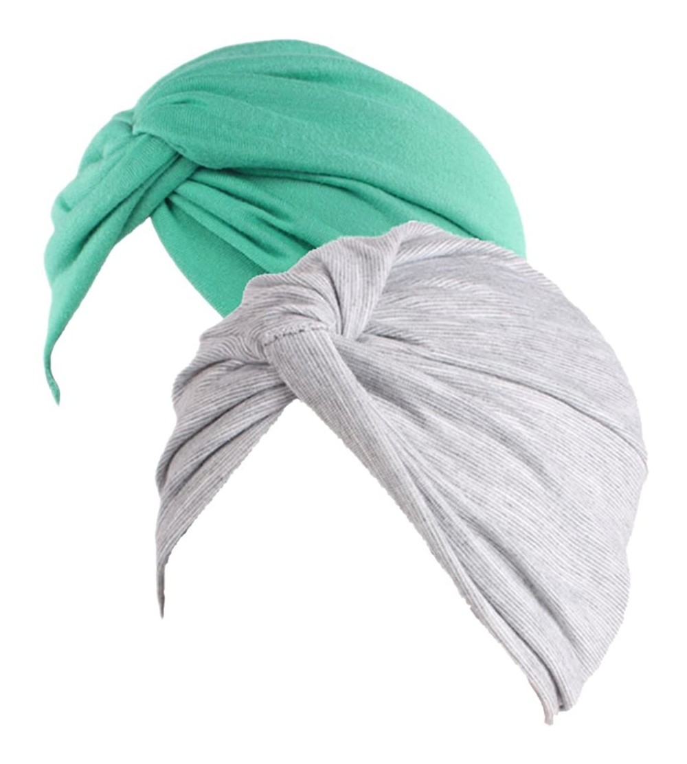 Skullies & Beanies Women's Sleep Soft Turban Pre Tied Cotton India Chemo Cap Beanie Turban Headwear - Gray1&green1 - CX198HCW...