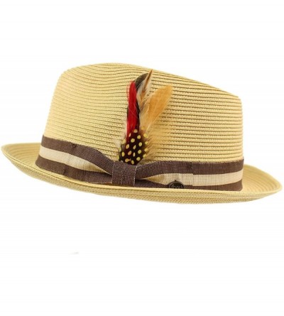 Fedoras Men's Stripe Band Removable Feather Derby Fedora Curled Brim Hat - Natural - C617YQNZ9L0 $41.66