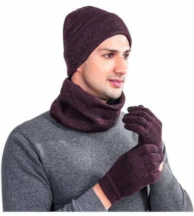 Skullies & Beanies Men Women Winter Warm Beanie Scarf Touch Screen Gloves Fleece Knitted Set - Wine Red - CL18K7UTQOY $10.33