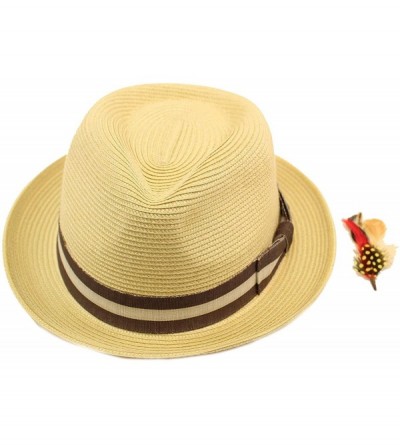 Fedoras Men's Stripe Band Removable Feather Derby Fedora Curled Brim Hat - Natural - C617YQNZ9L0 $17.78