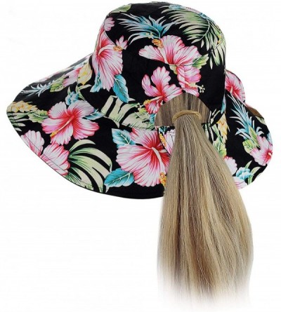 Bucket Hats Women's 100% Cotton Crushable Bucket Ponytail Messy Bun Sun Hat Reversible - Flower Black - CA18QI5C6U2 $20.63