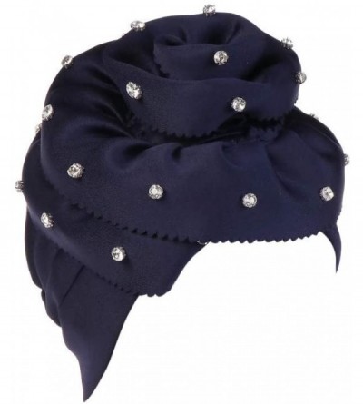 Skullies & Beanies Fashion Women Floral Rhinestone Keep Warm Solid Hat Beanie Turban Head Wrap Cap (Navy) - Navy - CS18N75EC0...
