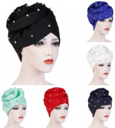 Skullies & Beanies Fashion Women Floral Rhinestone Keep Warm Solid Hat Beanie Turban Head Wrap Cap (Navy) - Navy - CS18N75EC0...