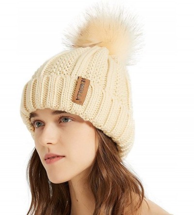 Skullies & Beanies Women Thick Cable Knit Faux Fuzzy Fur Pom Winter Skull Cap Cuff Beanie - Beige/Ginger 2pcs - CD1933497ZS $...
