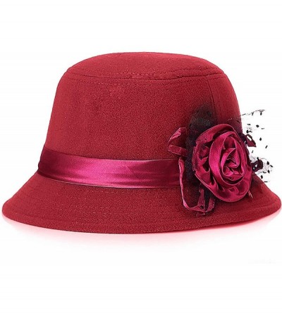 Bucket Hats Vintage Felt Cloche Hat Winter Floral Fedora Bucket Hat Bowler Hats - Red Wine - CF18HOOGQDR $30.17