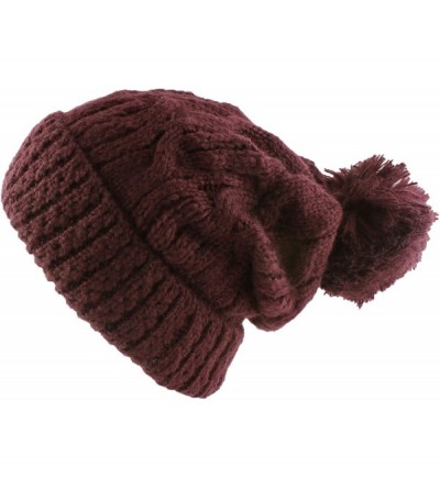 Skullies & Beanies Thick Crochet Knit Pom Pom Beanie Winter Ski Hat - Burgundy - C4127R5RCT9 $30.00