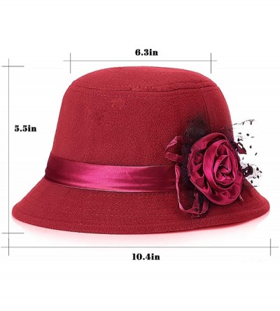 Bucket Hats Vintage Felt Cloche Hat Winter Floral Fedora Bucket Hat Bowler Hats - Red Wine - CF18HOOGQDR $15.26
