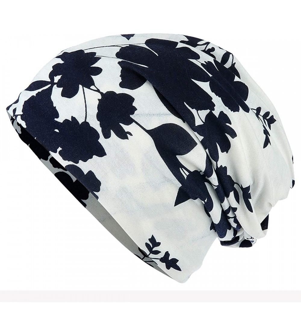 Skullies & Beanies Flower Printed Beanie Women Turban Headband Chemo Cap - White&navy - C318QGI03CO $7.14