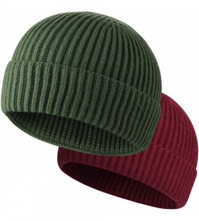 Skullies & Beanies 2PCS Swag Wool Knit Cuff Short Fisherman Beanie for Men Women- Winter Warm Hats - Set U(wine Red+army Gree...