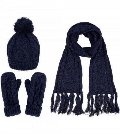 Skullies & Beanies Adult Women's 3 Piece Winter Set - Pompom Beanie Hat- Scarf- Mittens - Navy Tassels Glove W/ Lined - CN18H...