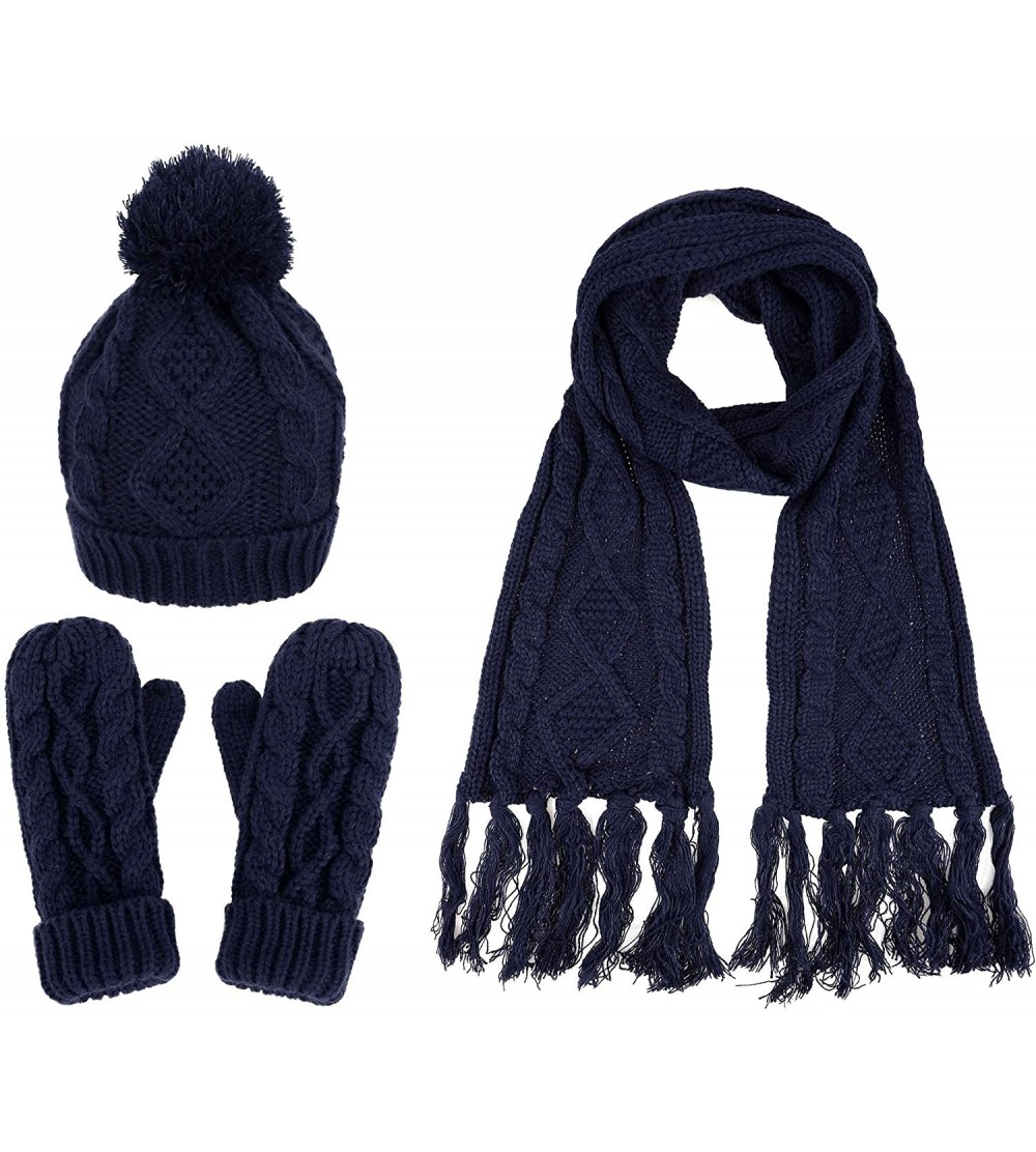 Skullies & Beanies Adult Women's 3 Piece Winter Set - Pompom Beanie Hat- Scarf- Mittens - Navy Tassels Glove W/ Lined - CN18H...