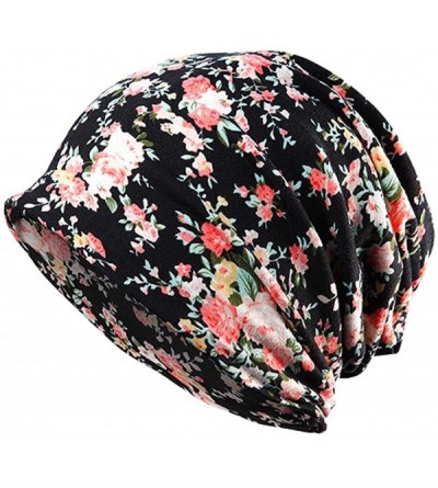 Skullies & Beanies Slouchy Beanie Skull Cap Hat Infinity Scarf Soft Chemo Hats for Cancer - 2 Pack Black+ Pink Flower - CD18G...