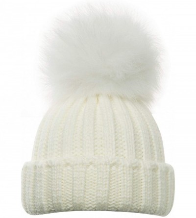 Skullies & Beanies Women Winter Kintted Beanie Hats with Real Fox Fur Pom Pom - White- for Children Aged 3-9 Years - CF18Y2X9...