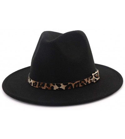 Fedoras Women's Wide Brim Felt Fedora Panama Hat with Leopard Belt Buckle - Black - C91935W09OM $15.00