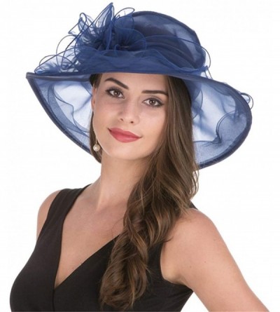 Sun Hats Women Kentucky Derby Church Beach Fascinators Hat Wide Floral Brim Flat Hat with Bowknot - Navy With Flower - CV1807...