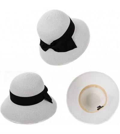 Sun Hats Packable UPF Straw Sunhat Women Summer Beach Wide Brim Fedora Travel Hat Bowknot - 69087_white - CX17YONQT8Q $20.34
