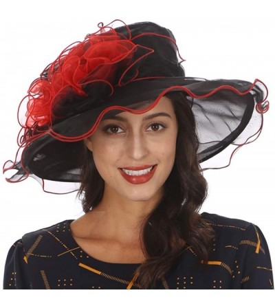 Sun Hats Ladies Wide Brim Organza Derby hat for Kentucky Derby Church Tea Party Wedding - S021-black/Red - CN18OSNH2YS $23.24