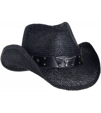 Cowboy Hats Black Straw Cowboy Hat for Men- Faux Leather- Longhorn- Shapeable Brim - CQ11UA17HH9 $50.31