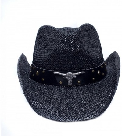 Cowboy Hats Black Straw Cowboy Hat for Men- Faux Leather- Longhorn- Shapeable Brim - CQ11UA17HH9 $18.94